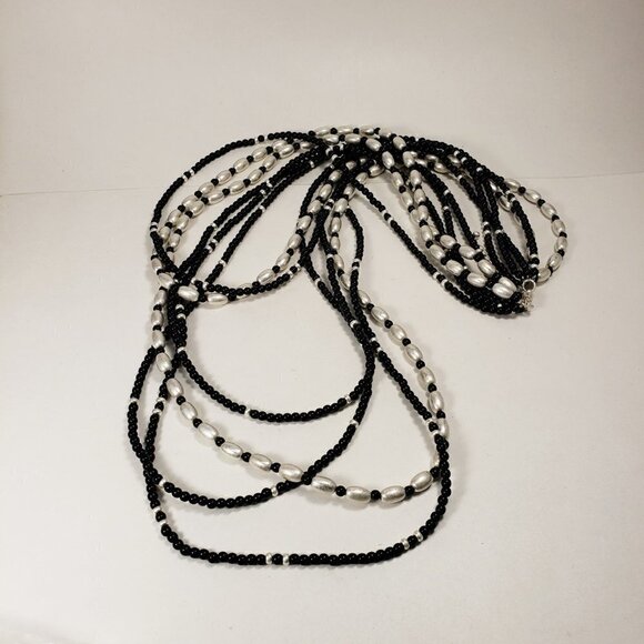 Women's Silver Tone, Various sizes of Black & silver Layered Beaded Necklace - Picture 6 of 8